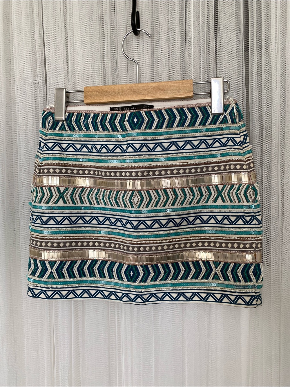 REDUCED!! Zara Teal, Navy & Gold Embellished Geo Mini Skirt Size XS
